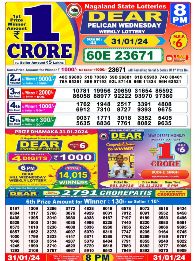 Nagaland State Lottery Result 8 PM विजेता सूची 31-01-2024